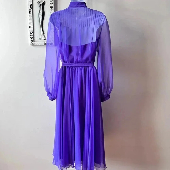 Vintage 60s Purple Chiffon Sheer Long Sleeve Pintuck Dress Size 12 - Picture 9 of 16